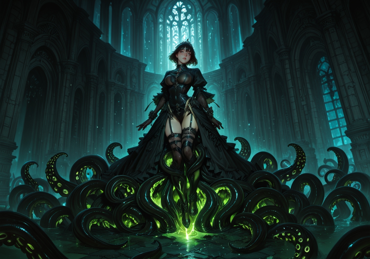 amazing quality, high resolution, ultra-detailed, cinematic, G0thicL1nes, A dark fantasy digital painting in 4K resolution. The scene is set within a gothic palace with eldritch tentacles coiling and writhing, casting an eerie glow of otherworldly power. A beautiful sexy aristocrat stands before them, her expression one of seductive allure and forbidden desire. The atmosphere is rich with dark eroticism, the air thick with the weight of unspoken fantasies. Style resembles Artgerm’s intricate detail and Greg Rutkowski’s dynamic compositions, capturing the essence of Sinix’s twisted imagination.,

masterpiece, best quality, very aesthetic, absurdres
Negative prompt: bad quality,worst quality,worst detail,sketch,censor, bad hand, bad anatomy, deformed, artist name, watermark, signature, username, twitter username, patreon,anime, asian
Steps: 36, Sampler: DPM++ 2M SDE Karras, CFG scale: 6.0, Seed: 946815626399406, Size: 1280×897, Clip skip: 2, Model: hassakuXLIllustrious_v21fix, Version: ComfyUI, Civitai resources: [{“modelName”:”Hassaku XL (Illustrious)”,”versionName”:”v2.1fix”,”air”:”urn:air:sdxl:checkpoint:civitai:140272@1617798″}]