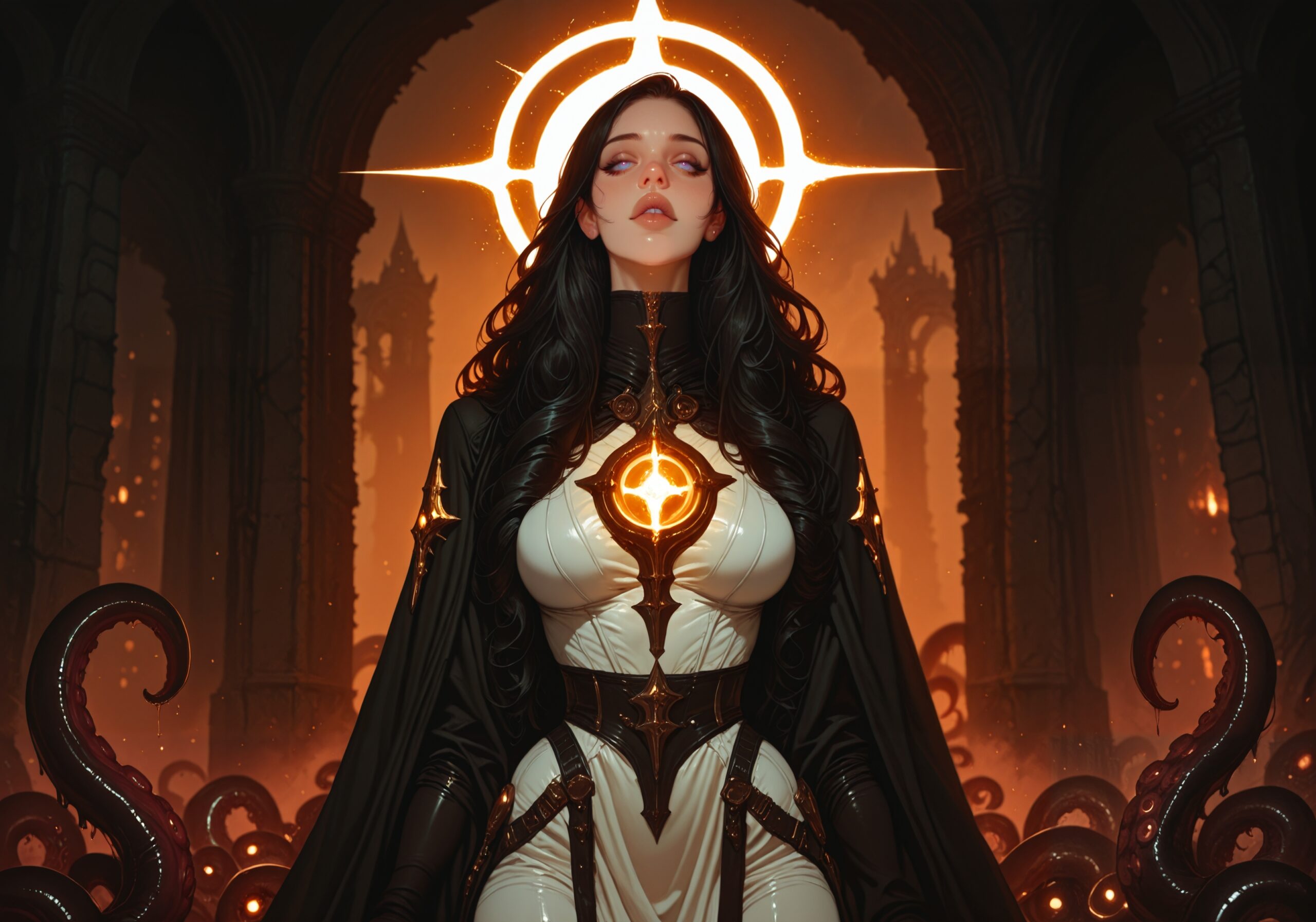 1girl, 

high quality, 8K, HDR, dimly lit, rim lighting, occult, gothic, eerie, G0thicL1nes, artist:moriimee, solo, erotic female sorceress, seductive and powerful, white clothes, wearing elegant white and gold robes, long black curly hair flowing, commanding dark eldritch magic, surrounded by writhing black tentacles, glowing arcane symbols in the air, mysterious ancient ruins in the background, dramatic lighting, dark fantasy style, ultra-detailed, cinematic atmosphere, 4K, sensual and mystical aesthetic, palace of tentacles, long hair,

masterpiece, best quality, newest, highres, absurdres
Negative prompt: bad quality,worst quality,worst detail,sketch,censor, bad hand, bad anatomy, deformed, artist name, watermark, signature, username, twitter username, patreon,anime, asian
Steps: 36, Sampler: Euler a Karras, CFG scale: 6.0, Seed: 503347974209681, Size: 1280×896, Clip skip: 2, Model: riMixPONYIllustrious_riMixAIllustriousV2, Version: ComfyUI, Civitai resources: [{“modelName”:”Ri-mix – [PONY + Illustrious]”,”versionName”:”Ri-mix A – Illustrious v2″,”air”:”urn:air:sdxl:checkpoint:civitai:996495@1539998″}]