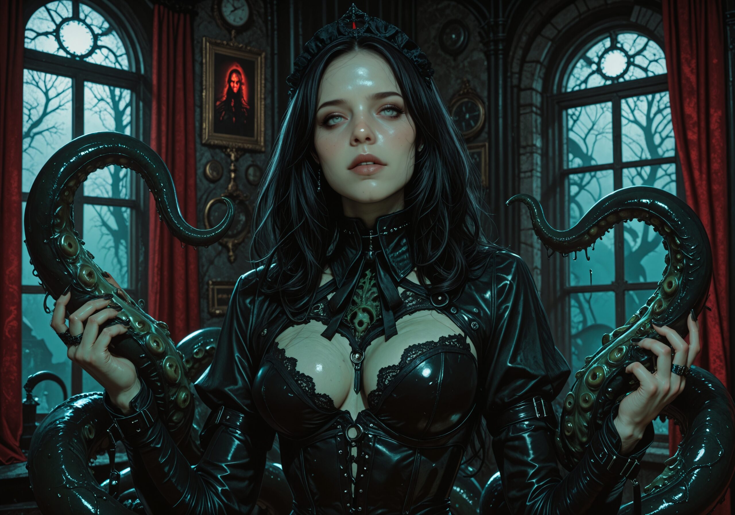 1girl, 

high quality, 8K, HDR, dimly lit, rim lighting, occult, gothic, eerie, perfect face, perfect eyes, G0thicL1nes, in the style of ckpf, solo, NSFW, Gothic Horror, Tentacles, Mistress, BDSM, Dark Fantasy, Cthulhu Mythos, Erotica, A gothic chamber filled with tentacles writhing in the darkness, a dominatrix figure clad in black
leather and lace stands atop them, her face obscured by the shadows, creating a sense of chaos and dread. In the background, adding to the eerie atmosphere of the scene., through which the silhouette of a woman can be seen, reveling in their sinuous embrace. The tentacles around her are intertwined, there is a large window with a red curtain,

masterpiece, best quality, newest, highres, absurdres
Negative prompt: bad quality,worst quality,worst detail,sketch,censor, bad hand, bad anatomy, deformed, artist name, watermark, signature, username, twitter username, patreon,anime, asian
Steps: 36, Sampler: Euler a Karras, CFG scale: 6.0, Seed: 588265040169076, Size: 1280×896, Clip skip: 2, Model: ilustmix_v55, Version: ComfyUI, Civitai resources: [{“modelName”:”iLustMix”,”versionName”:”v5.5″,”air”:”urn:air:sdxl:checkpoint:civitai:1110783@1670263″}]