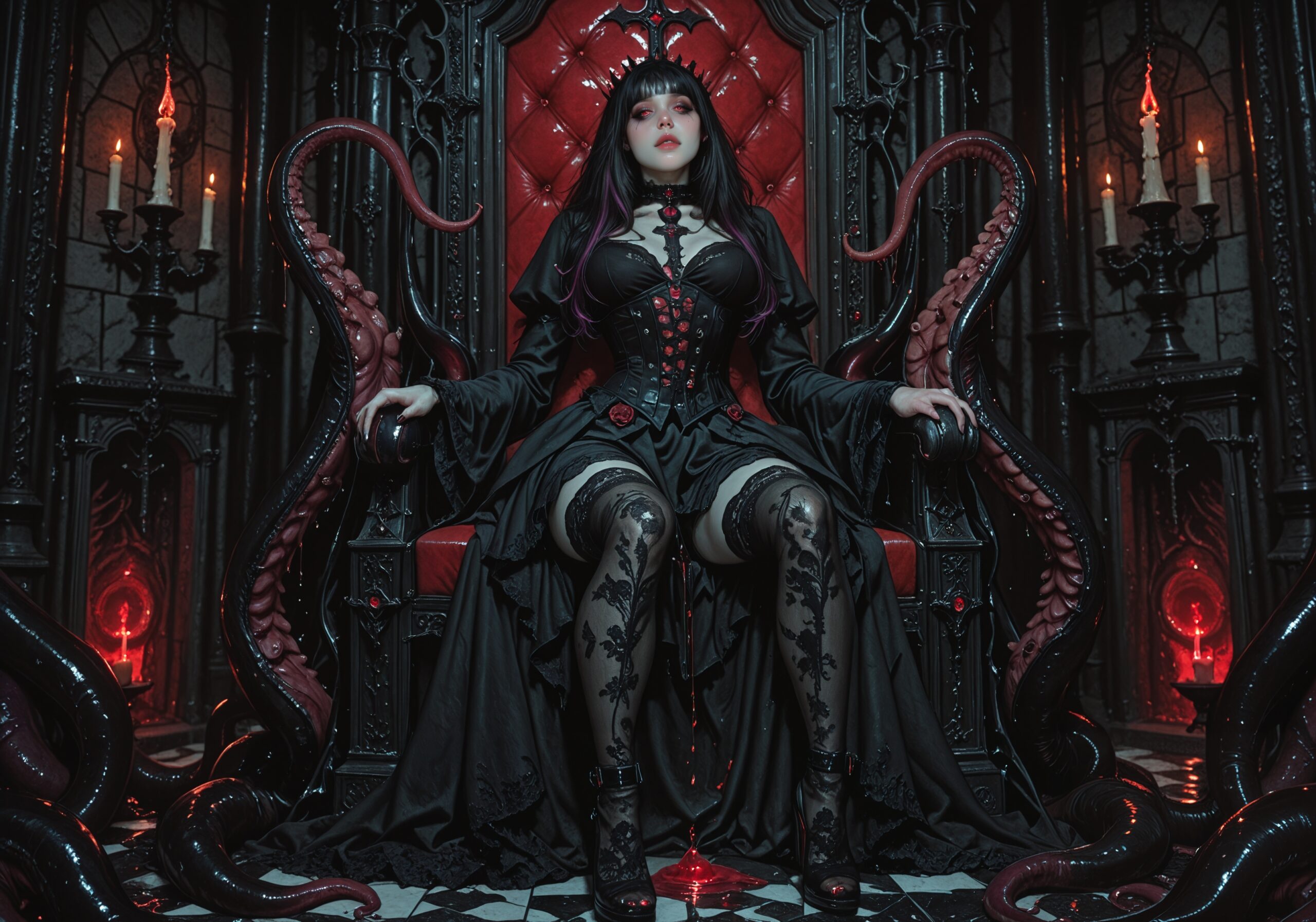 1girl, 

amazing quality, detailed eyes, perfect eyes, realistic eyes, G0thicL1nes, in the style of cksc, artist:moriimee, solo, midnight-black hair with violet highlights, pale porcelain skin, crimson eyes, (gothic necromancer theme:1.1), intricate black lace corset and flowing tattered skirt, thigh?high lace stockings, spiked choker, ornate bone?inlaid staff entwined with writhing ebony tentacles, candles flickering in a shadowed throne room, baroque columns dripping with eldritch ooze, cinematic low?key lighting, mist swirling across a marble floor, tentacle?spawned spirits creeping at her heels, Palace of Tentacles backdrop, ultra?detailed, dark fantasy, dramatic composition, choker,

masterpiece, best quality, very aesthetic
Negative prompt: bad quality,worst quality,worst detail,sketch,censor, bad hand, bad anatomy, deformed, artist name, watermark, signature, username, twitter username, patreon, asian
Steps: 36, Sampler: Euler a Karras, CFG scale: 6.0, Seed: 446199676538465, Size: 1280×896, Clip skip: 2, Model: ilustmix_v55, Version: ComfyUI, Civitai resources: [{“modelName”:”iLustMix”,”versionName”:”v5.5″,”air”:”urn:air:sdxl:checkpoint:civitai:1110783@1670263″}]